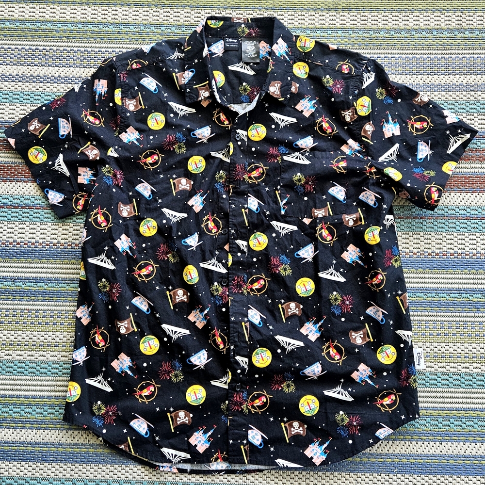 Disney Her Universe Castle Space Mountain Tiki Room Button Down Up Shirt Large L